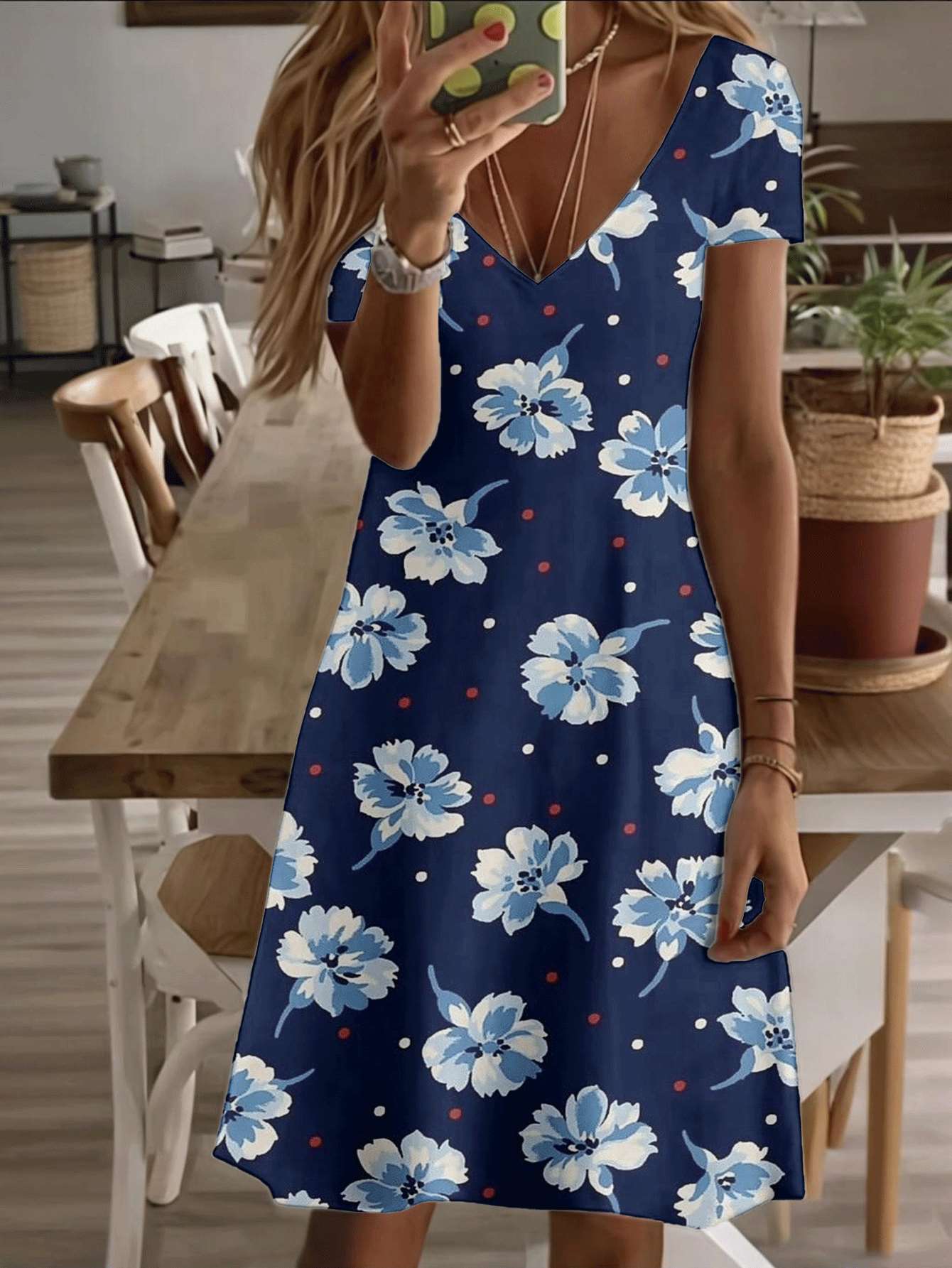 

Vneck shortsleeve midi dress blue floral ladies dress with elegant bloom print pattern 3D premium printing durable wear casual and fashionable styl 7XL дубильная кора