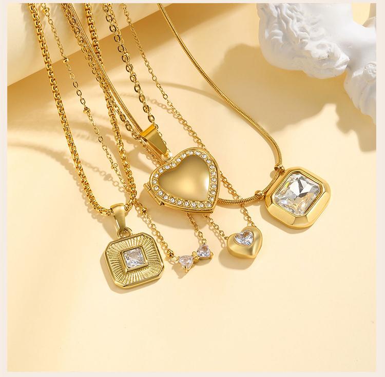 Cubic Zirconia Pendant Necklace for Women, Stainless Steel Chain Trendy Jewelry, Square Heart CZ Stone Boho Jewelry
