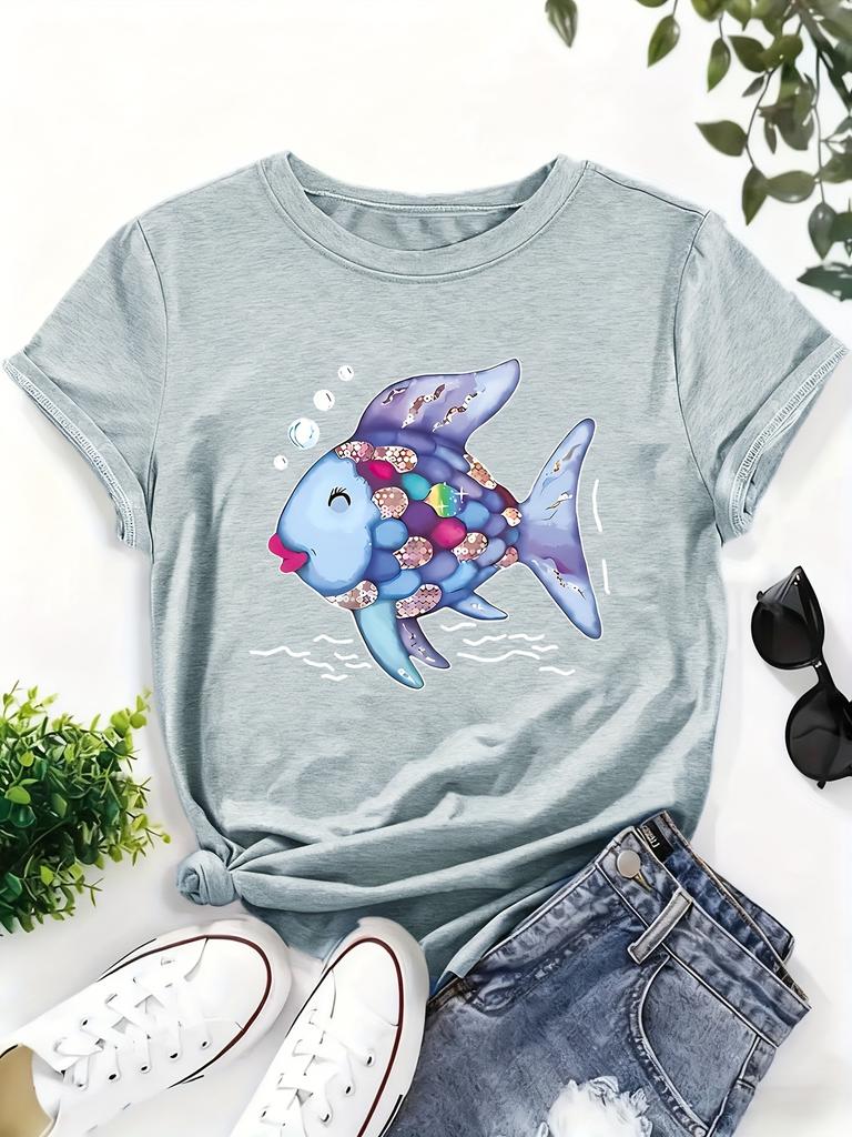 Polyester 100% Lady Rainbow Scale Fish Teacher T-shirt Nostalgic Design Featuring "Kindness" Print Short-sleeved Round-neck Summer