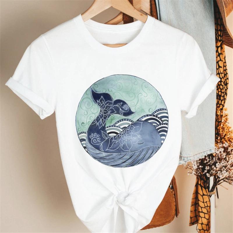 Cartoon Blue Whale Print T-shirt Cotton Retro Harajuku Short Sleeved Clothing Y2k Top T-shirt Summer Harajuku Large T-shirt
