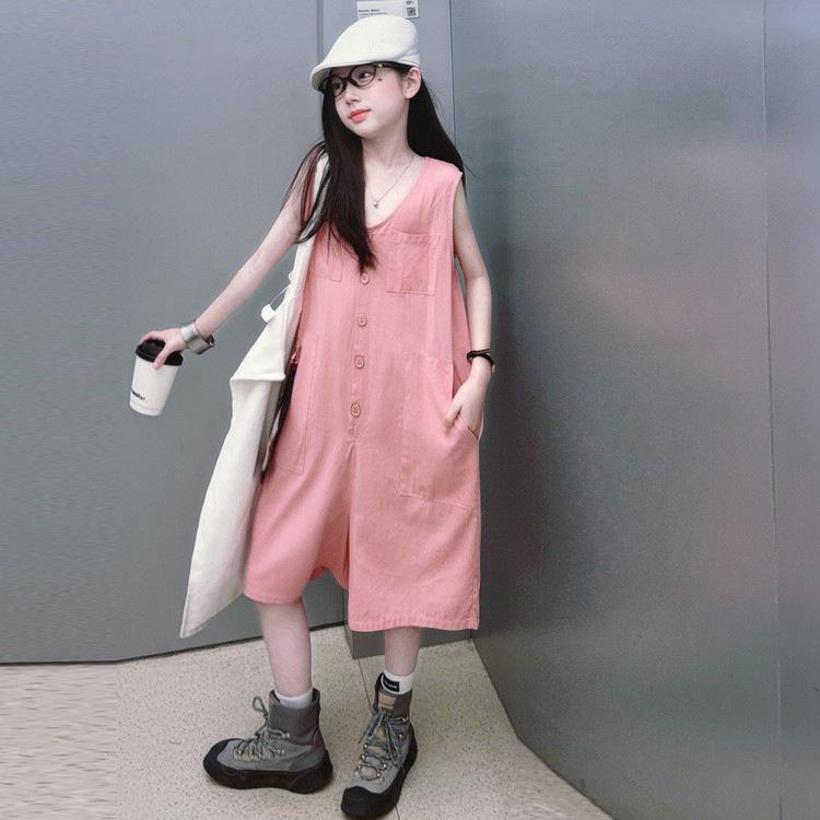 Ärmellose Baumwoll-Leinen-Overalls für Mädchen - Trendiger Koreanischer Stil Weite Beinshorts für den Sommer