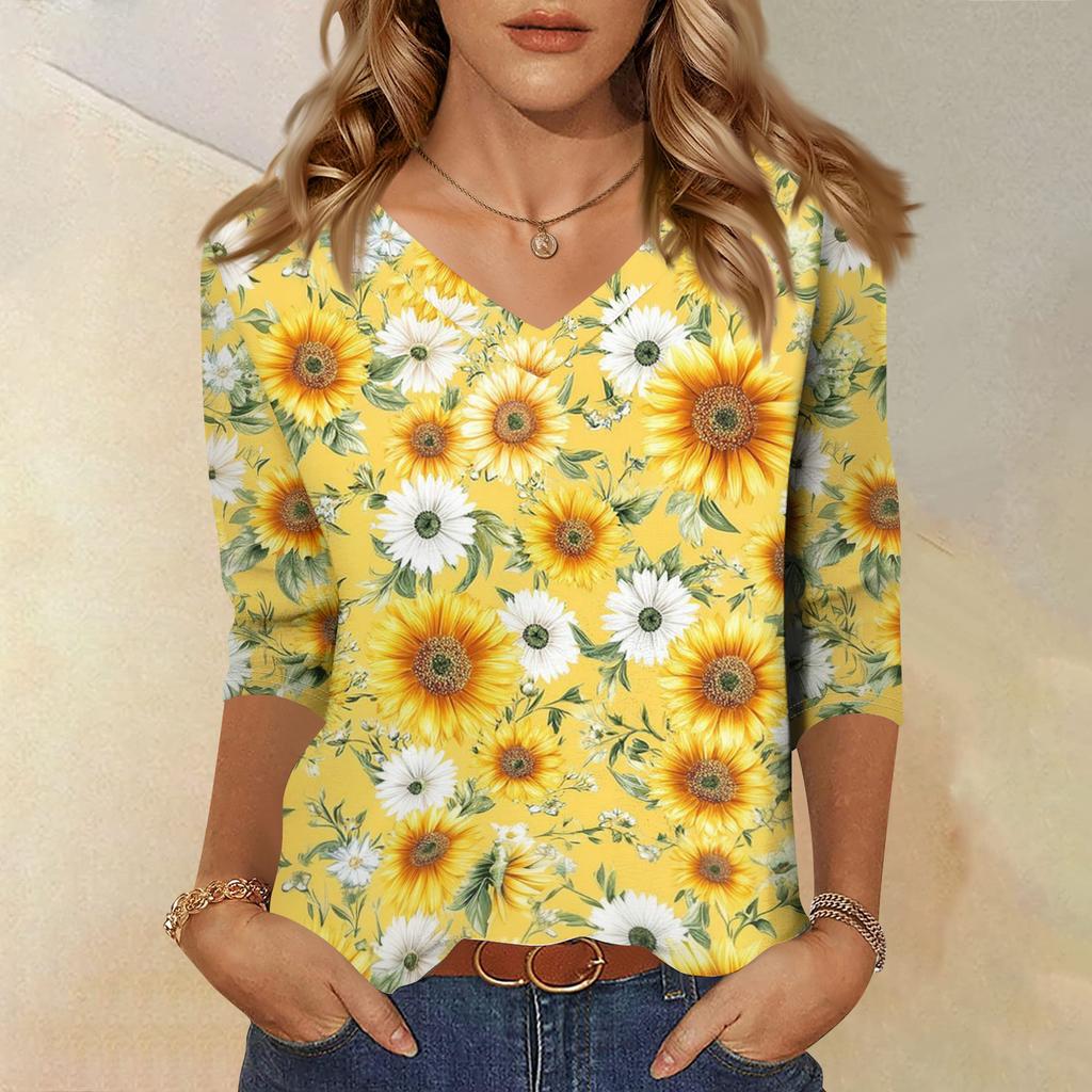 Women's Fashionable Casual V-Neck Three-Quarter Sleeve Printed T-Shirt Top