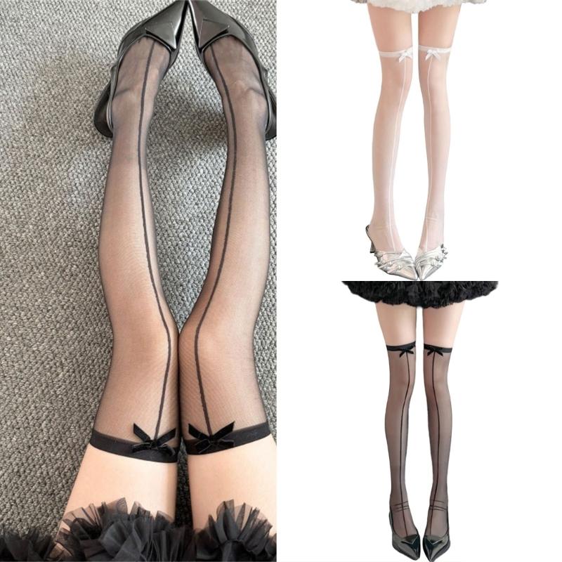 1 Pair Silk Thigh High Stockings with Bows Accent for Women Seamed Thin Sheer Over Knee Long Socks See Through Lingerie
