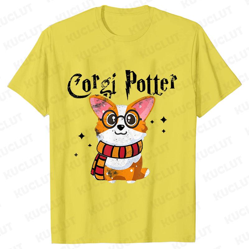 Kawaii Corgi Potter T-Shirt for Women Clothing Fashion Corgi Dog Lovers Cute Graphic Tees Short Sleeve Shirt Femme Streetwear