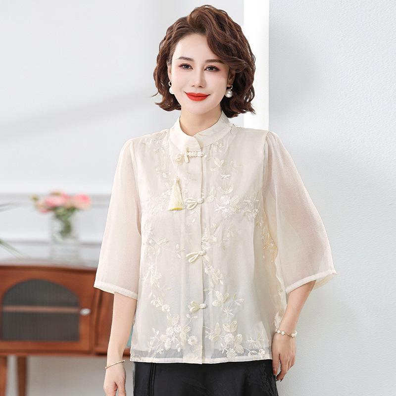 Mom's Summer Embroidered Tassel Stand Collar Chiffon Blouse for Middle-Aged Women