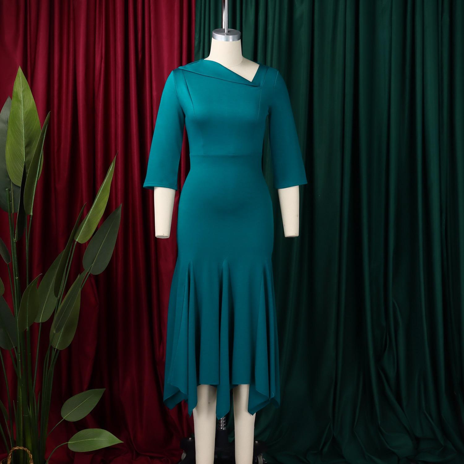 

Long Sleeve Party Dresses Women Skew Collar High Waist Sexy Plus Size Dress S зелёный