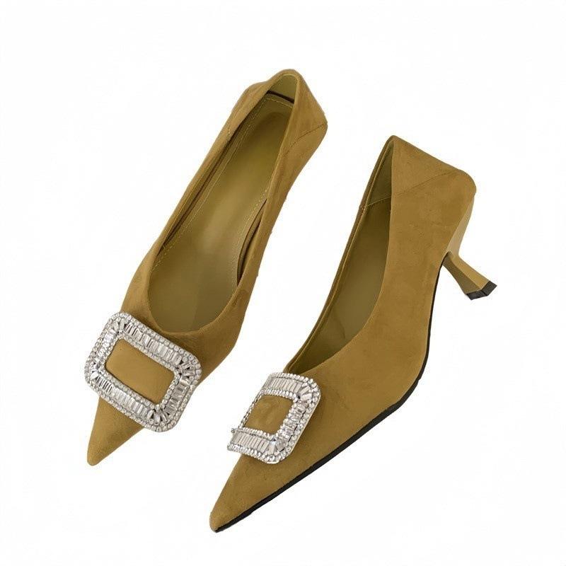 Pointed high heels stiletto single shoes women's spring and autumn new cat heel temperament rhinestone black work shoes