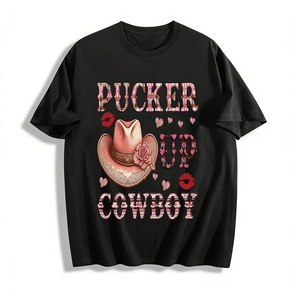 Pucker Up Cowboy Pink Cowgirl Hat Print Western Style Casual Tee Pure cotton T-shirt XXS
