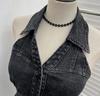 Women's Halter V-Neck Denim Vest: Body-Hugging, Elastic Back, Short, Sleeveless Top. Style 830.