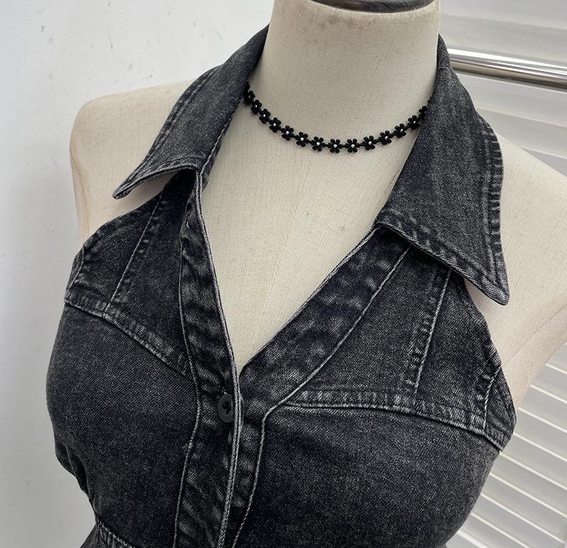 Women's Halter V-Neck Denim Vest: Body-Hugging, Elastic Back, Short, Sleeveless Top. Style 830.