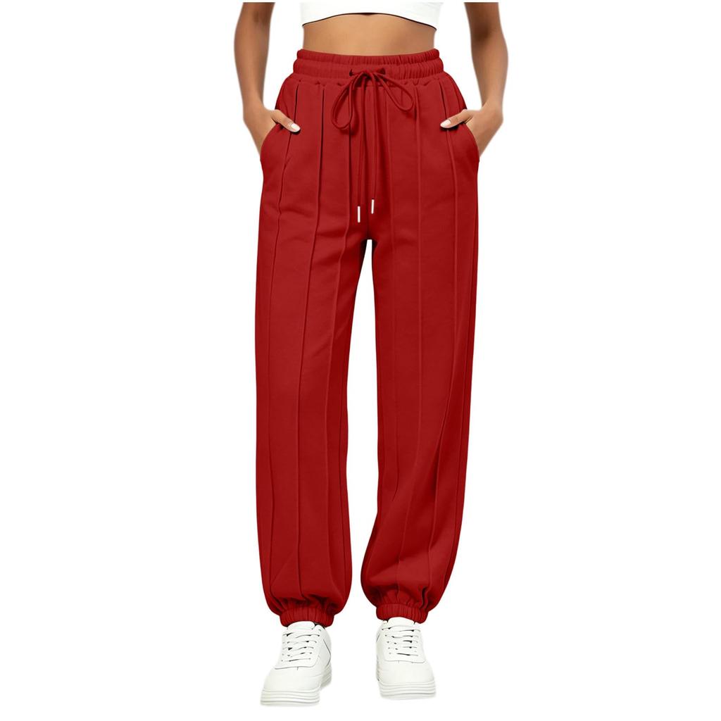 Women's Casual Color Loose Fit Drawstring Pants with Pockets and Tapered Cuffed Hem