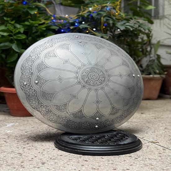 Aluminium Round Shield With Deep Etched Rose Window Mandala Floral Shield Wall Art