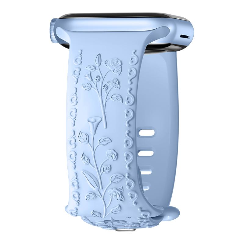 Engraved Strap For Apple Watch Band 42mm 44mm 45mm 41mm 40mm 49mm Silicone Floral Bracelet Correa Series 8 9 7 SE 4 5 6 Ultra 2