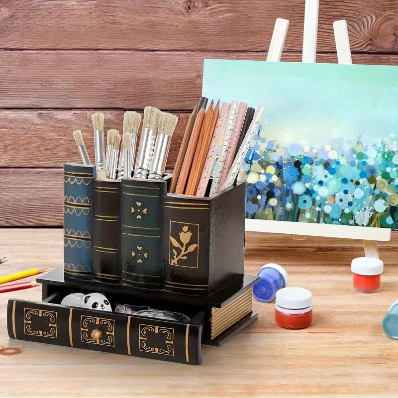 Vintage Wood Book-Shaped Pen Holder - Multifunctional Retro Desktop Organizer & Decoration for Office & Home