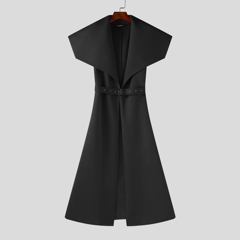 INCERUN Men Big Lapel Neck Long Sleeve Belt Waist Cospaly Open Front Long Tunic Coats