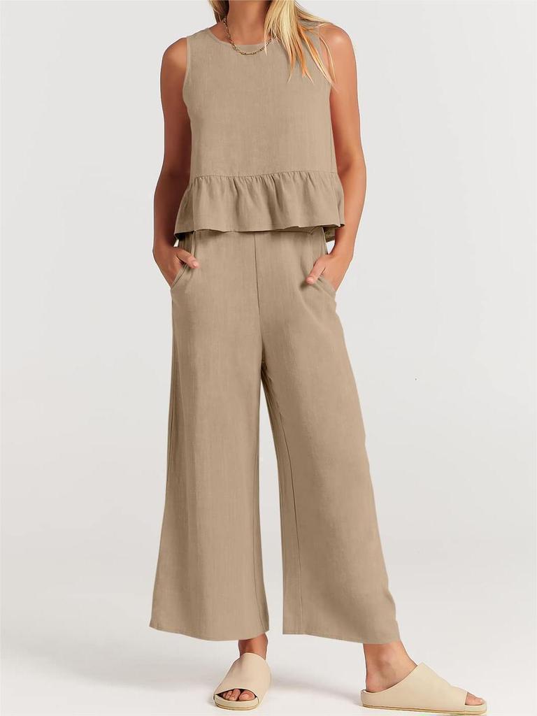 2024 Summer Women's Sleeveless Pleated Vest and Wide-Leg Pants Cotton-Linen Suit