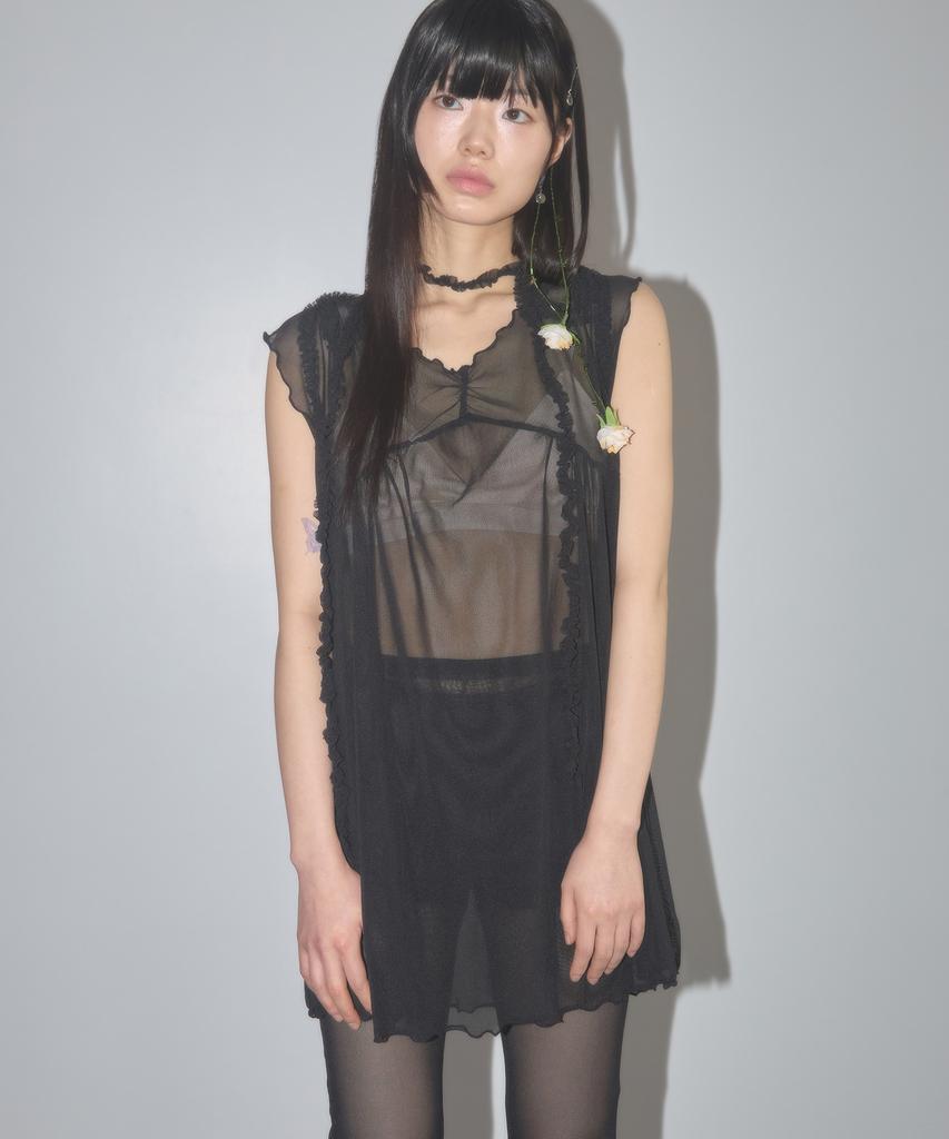 NOFFICIALNOFFICE Sheer Mesh Ribbon Dress Black