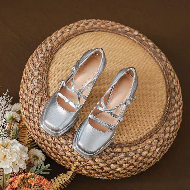 

Square head Hepburn style elegant Mary Jane shoes spring waterproof table thick heel high heels 40 срібний