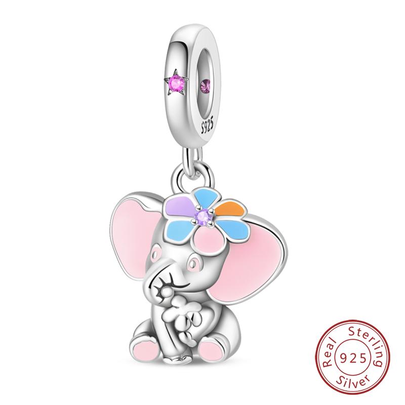 925 Silver Charms Beads Little Bear Lamb Flying Pig Pink DIY Jewelry Gift For Women Birthday Party