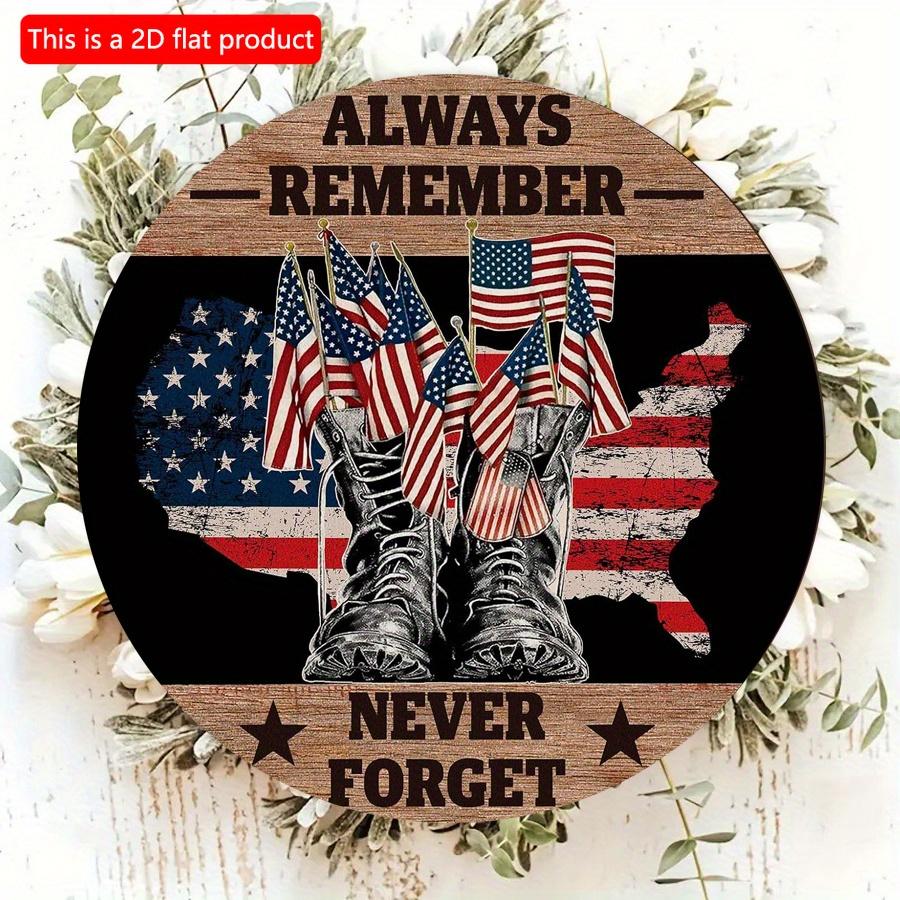 2D Flat 20*20cm1pc Always Remember Never Forget 4th of July Warrior Shoes and Flag Pattern Wooden Hanging Door Decor, USA Independence Day Patriotic