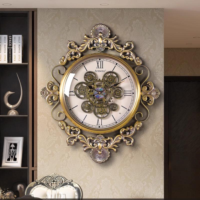 European Mechanical Gear Clock Living Room Decoration Digital Wall Clock Retro Silent Clock Mural Suitable For Home Decoration (as the picture,61x52cm)