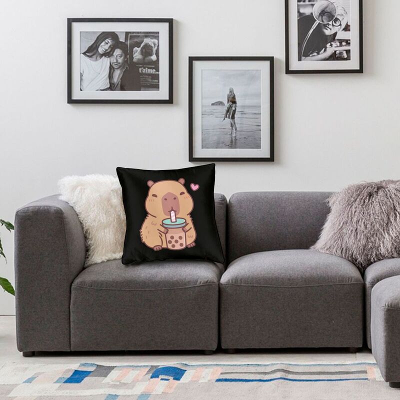 Capybara Loves Drinking Bubble Tea Square Pillowcover Home Decor Cushions Throw Pillow For Living Room Double-Sided Printing
