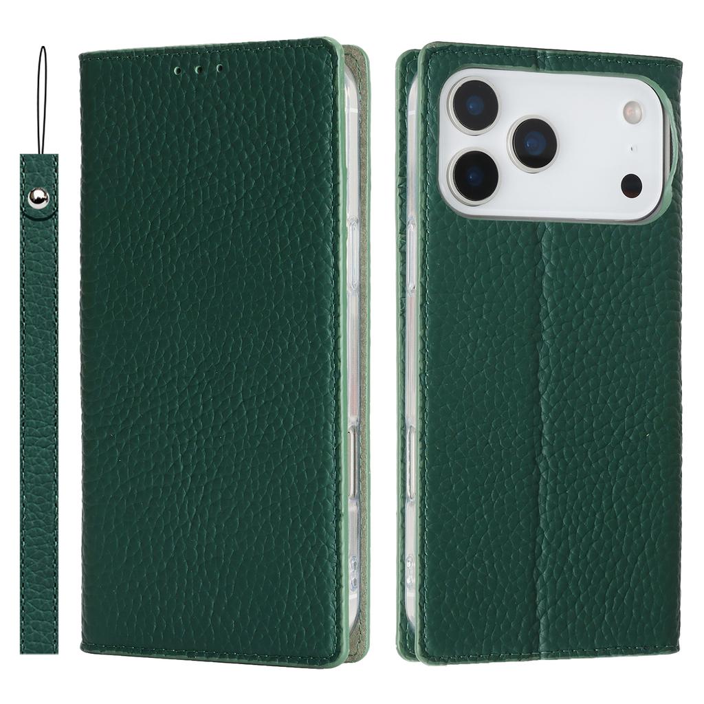 For iPhone 17 Pro Max Wallet Case Genuine Cow Leather Phone Cover Litchi Texture