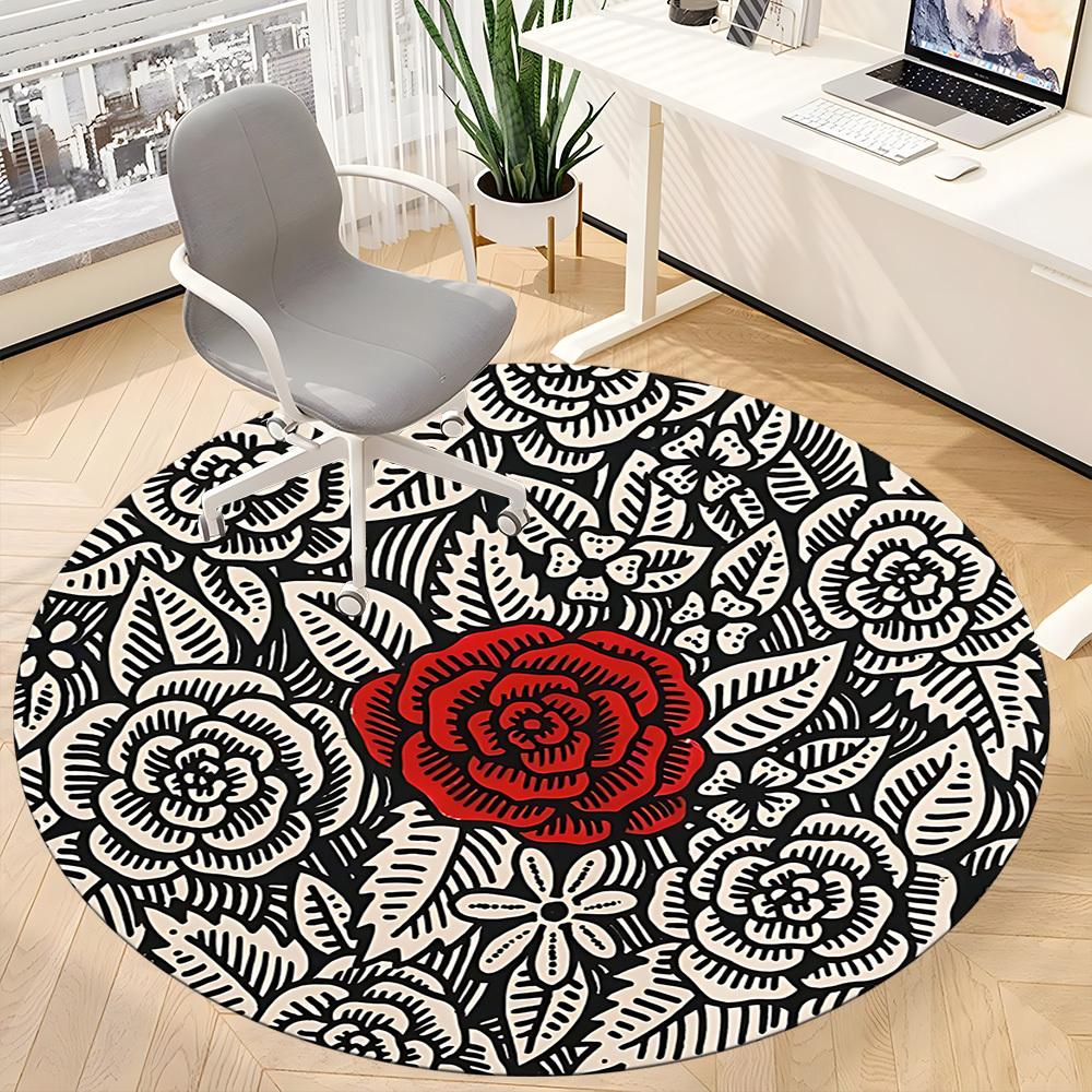 1pc Floral Rose Office Round Area Rug, Indoor Mat Suitable For Office, Under Office Chairs Bedroom Living Room Home Decor, Room Deco