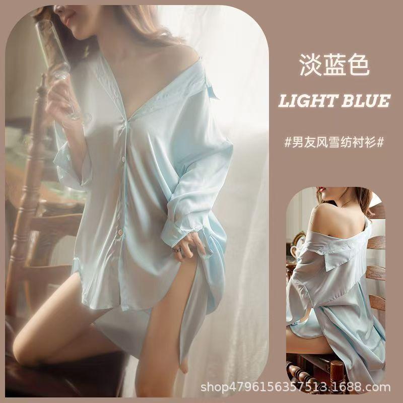 New Spring/Summer Shirts White Sleepwear Loose-Fit Mid-Length Cardigan-Style Long-Sleeve Shirts