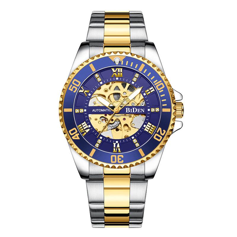 

BIDEN новые мужские механические модные водонепроницаемые часы из нержавеющей стали синий/золотой