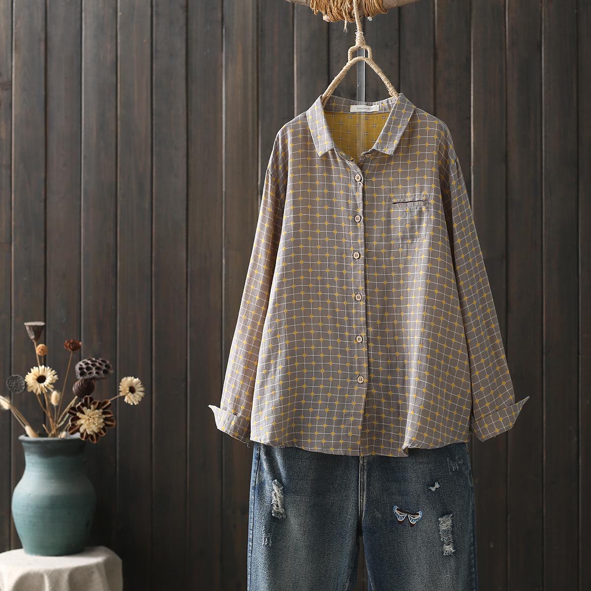 

Autumn Two Layer Cotton Yarn White Shirts Women Dot Print Tops Long Sleeve Pocket Loose Casual Blouses Spring One size хакі