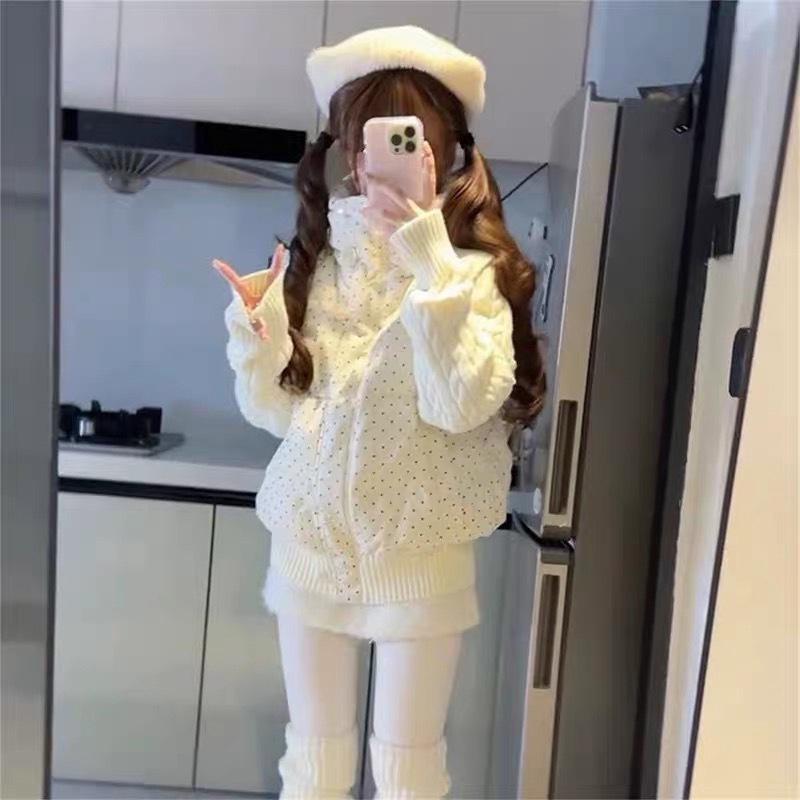 Women Short Medium Length Down Jacket Winter Warm Stand Collar Solid Color Casual Outerwear Coat