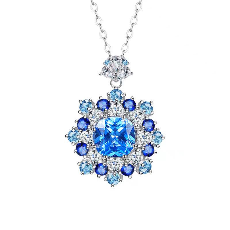 Luxury 925 Sterling Silver Necklace with Sea Blue Pendant and High Carbon Diamonds 925 Sterling Silver