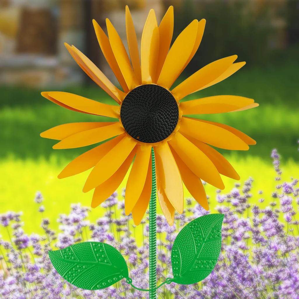 Sunflower windmill ground plug 3D metal sunflower art sculpture wind spinner sunflower stake wrought iron garden lawn decoration