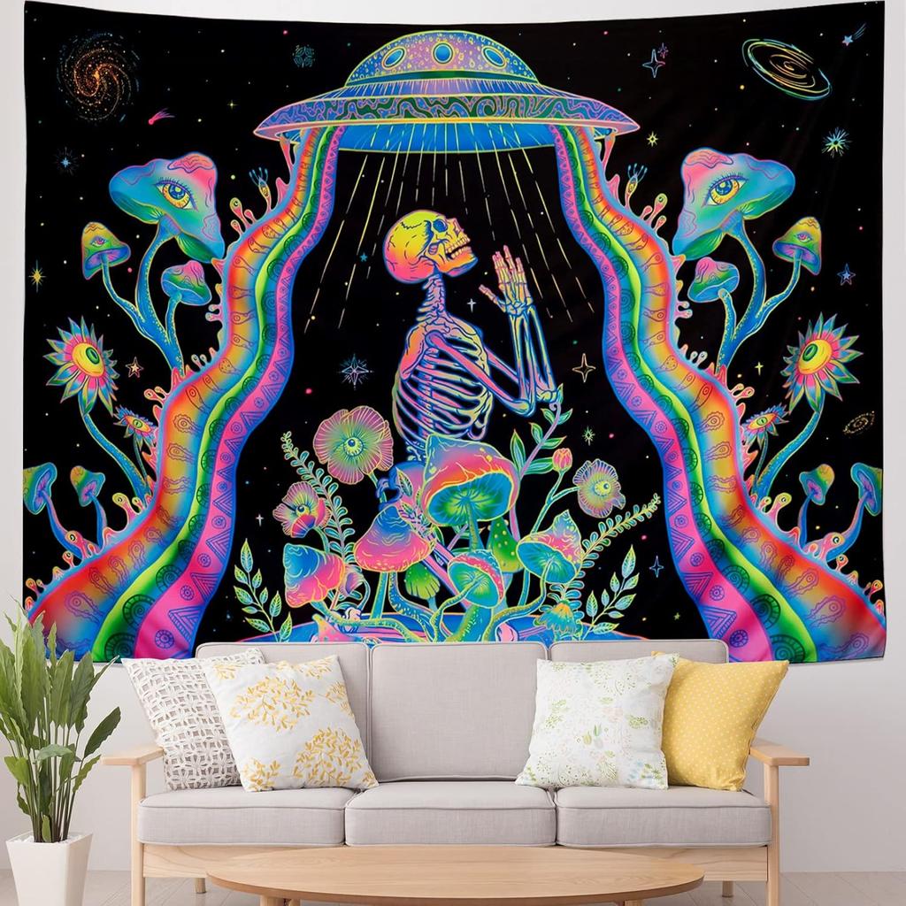 Galoker Blacklight Skeleton Tapestry Fantasy Plant Floral Tapestries UV Reactive Alien UFO Tapestry Galaxy Space Tapestries Wall Hanging for Home