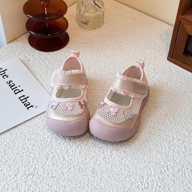 

Girls Princess Shoes Toes Capped Lace Sweet Kids Casual Shoes Mesh Breathable 2025 Brand New Children Flats Breathable Soft Sole 23 рожевий