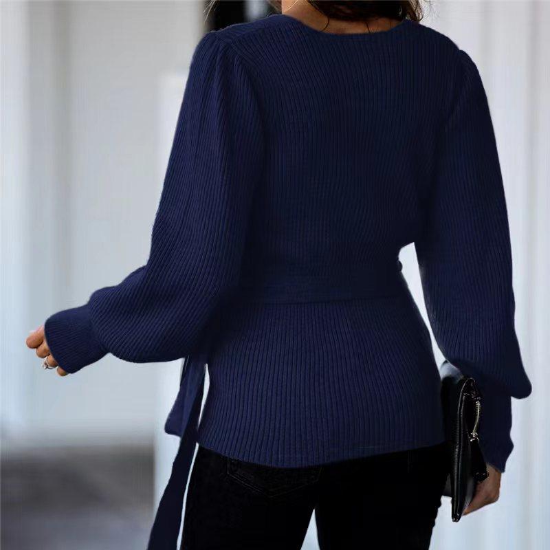 IHUASU Autumn and Winter Tie Temperament Commuter V-neck Jumper Women's Loose Large Size Fashion Knitted Cardigan