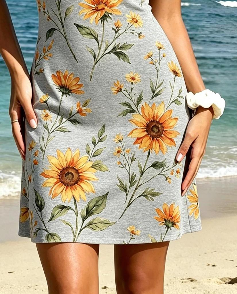 2026 Summer One Shoulder Sunflower Print Mini Dress, Grey Slim Bodycon Beach Sundress