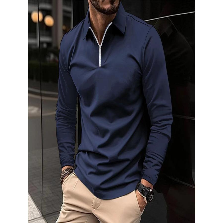 Wiosna Jesień Solidne Koszulki Polo Moda Męska Sportowa Koszulka Polo Z Długim Rękawem Z Kołnierzem Na Zamek Błyskawiczny