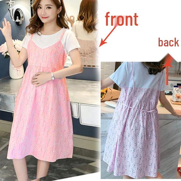 2025 Celebrity-Inspired Maternity Summer Two-Piece Patchwork Dress - Short Sleeve, Mid-Length, Loose Fit