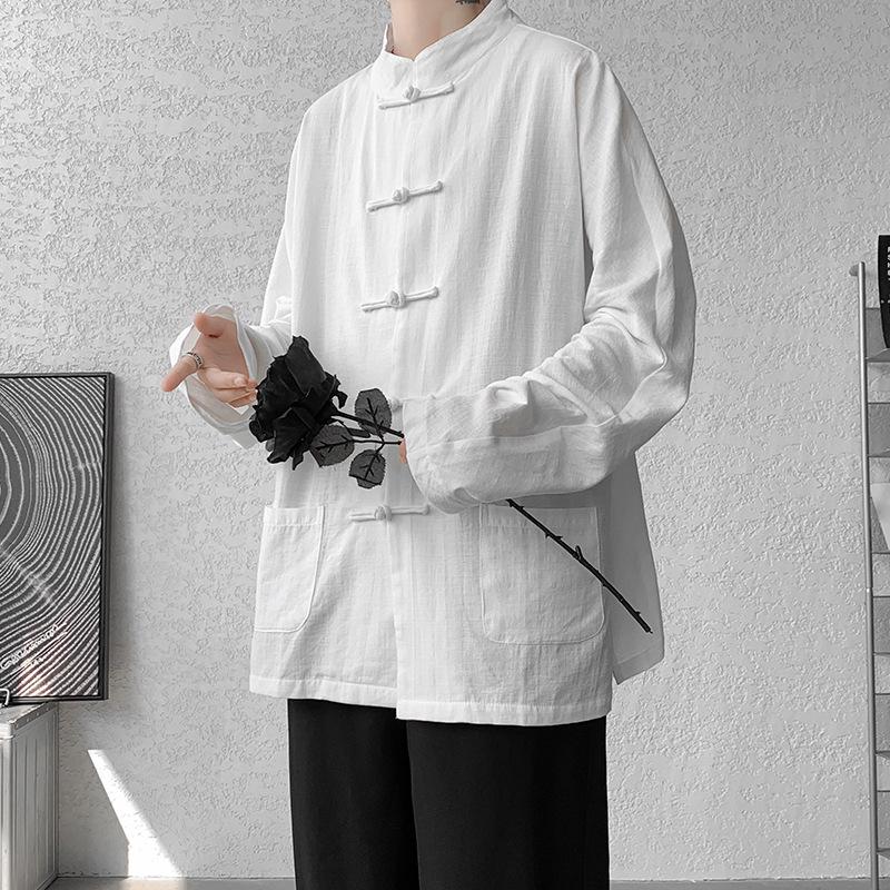

Мужская льняная рубашка темно-синего цвета, весна/осень, куртка ханьфу в китайском стиле с воротником на пуговицах Medium белый