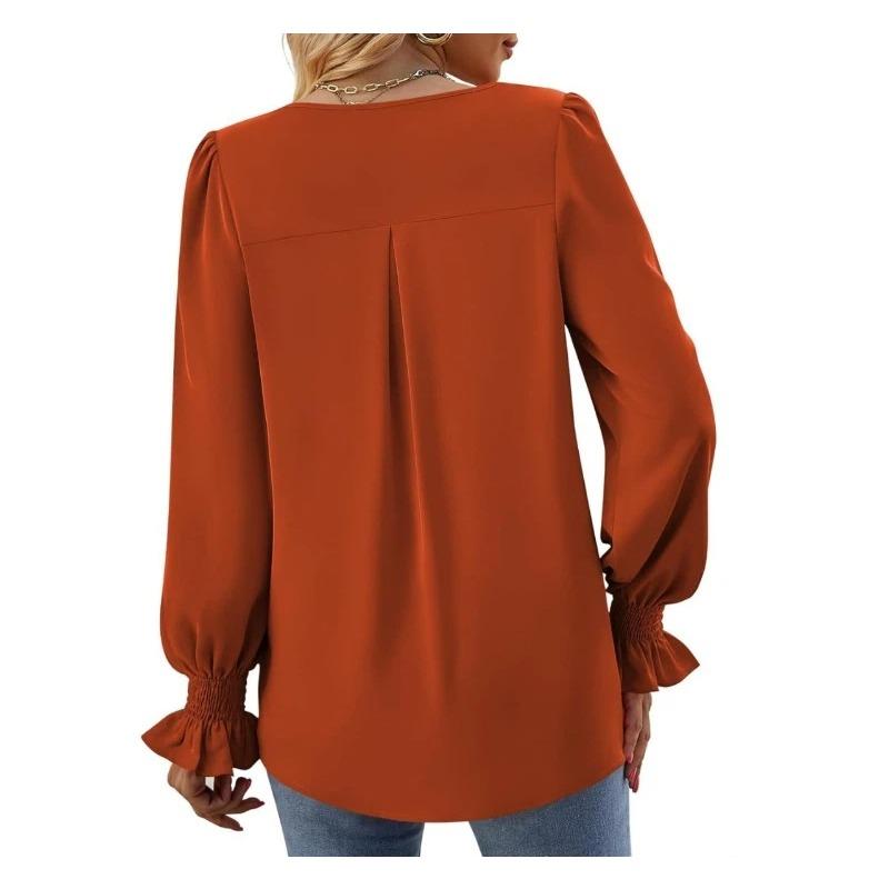 Spring and Summer New V-neck Pullover Trumpet Sleeve Top Solid Color Casual Long Shirt