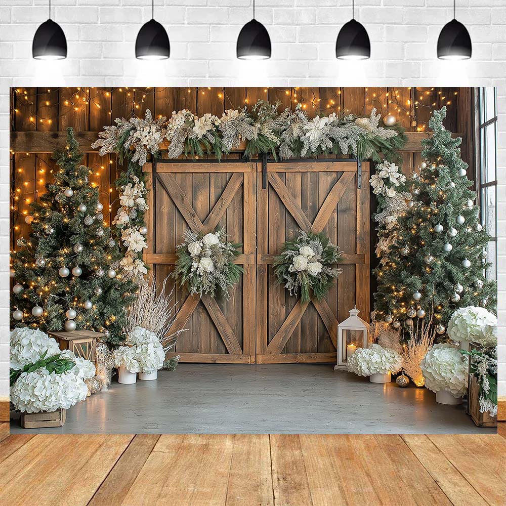 Christmas Party Decor Banner Backdrop Christmas Tree White Wooden Door Winter Snow Decorations Christmas Photography Backgrounds
