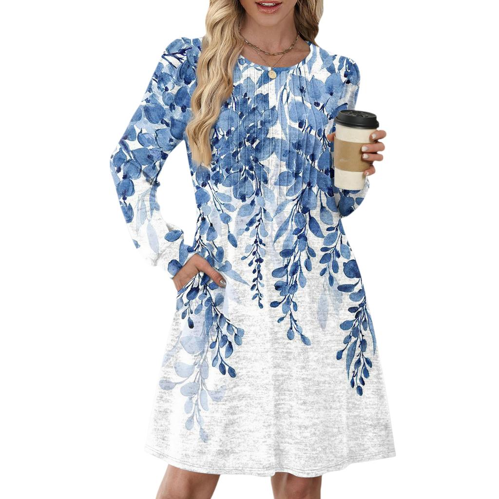 Women's Long Sleeve Pleated Round Neck Vintage Floral Print Casual Dress With Pockets