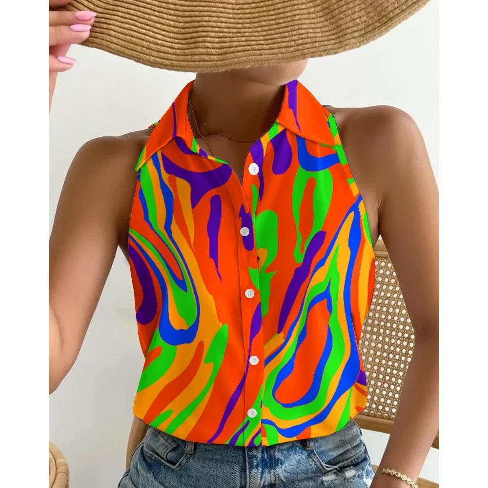 Women's Summer Casual Fashion Strapless Sleeveless Abstract Print Shirt