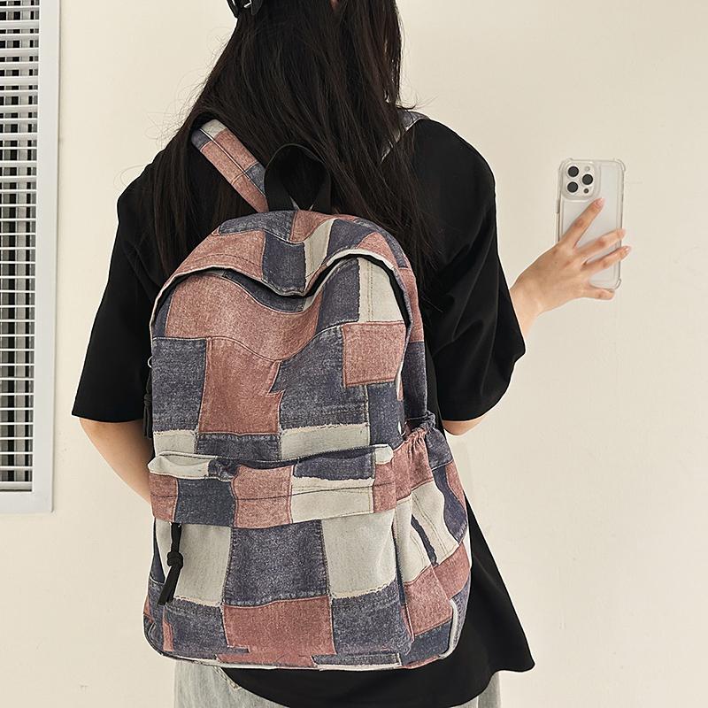Student Schoolbag Contrast Color Women's Denim Backpack Large Capacity Backpack