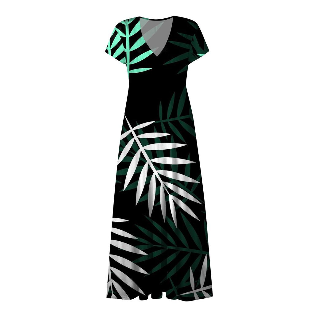 Women's Summer Leaf Floral Printed V-Neck Long Dress Dress