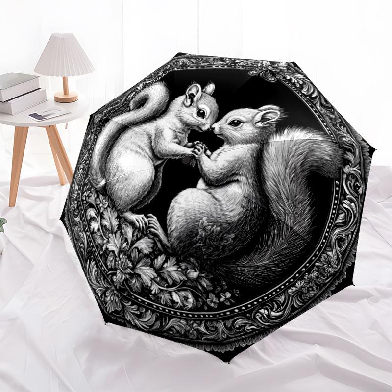 Squirrel pattern, automatic folding umbrella, portable and foldable design, 8 ribs, a Christmas or birthday gift.