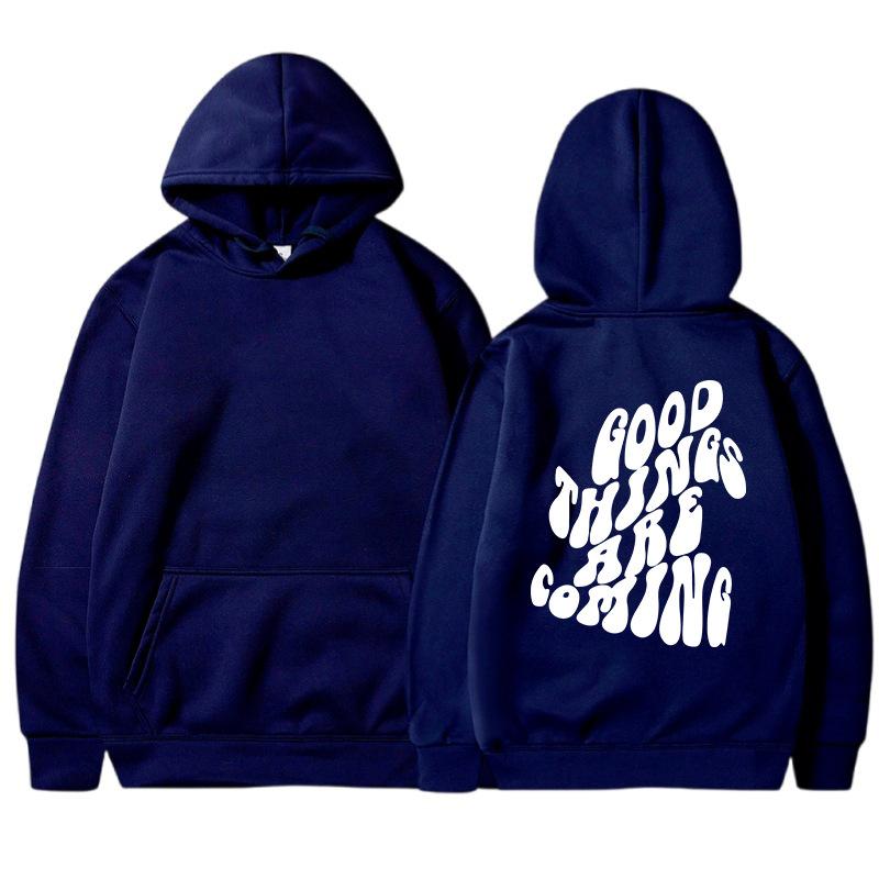 GOOD THINGS ARE COMING Women's Velvet Hoodie Solid Color Letter Printed Kangaroo Pocket Drawstring Printed Hoodie