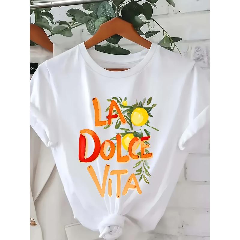 Women s Italian Style Lemon &  La Dolce Vita  Graphic Print T-Shirt - Lightweight Breathable Round Neck Short Sleeve Top, S белый